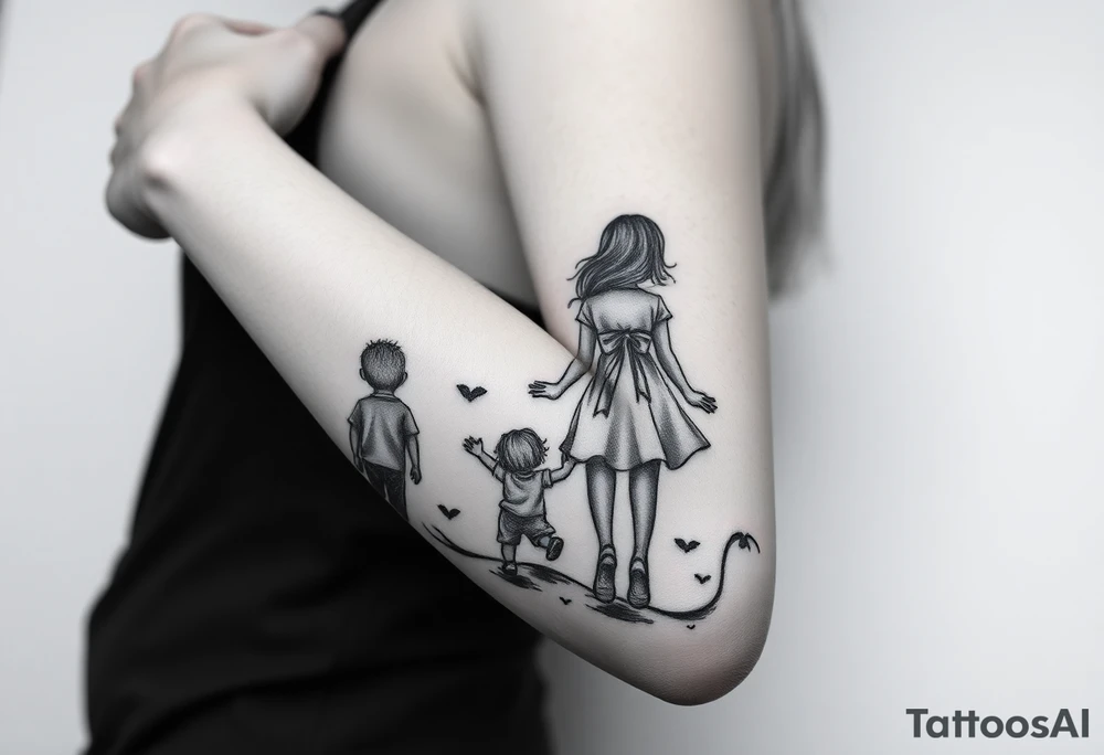 My girlfriend and I with our two children, a slightly older boy and a little girl walking with her back towards the horizon.

2. Hourglass:

Integrate an hourglass into the tattoo

The sand could flow, forming footprints or memories.

Place an old clock in the background or integrated into the hourglass tattoo idea