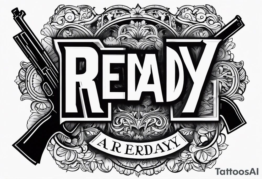 The letters AR with a pistol on each side and the word always on the top and the word ready on the bottom tattoo idea