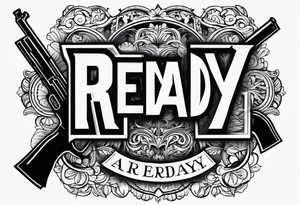 The letters AR with a pistol on each side and the word always on the top and the word ready on the bottom tattoo idea