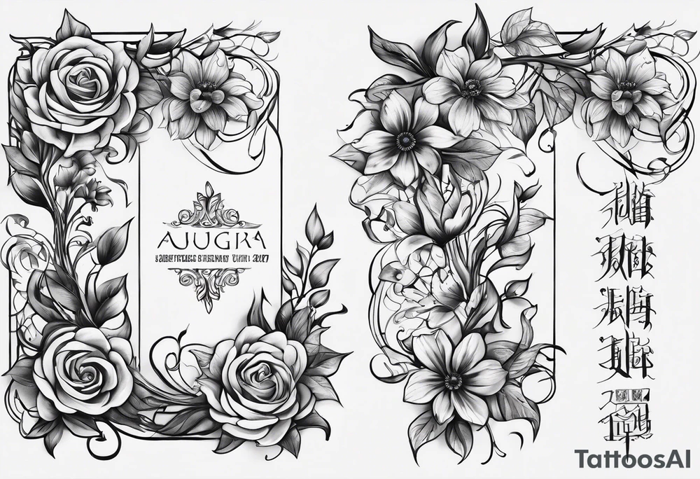 Ankle tattoo that is a vine wrapping around the ankle with flowers representing the months of August, November, February, September, January and July tattoo idea