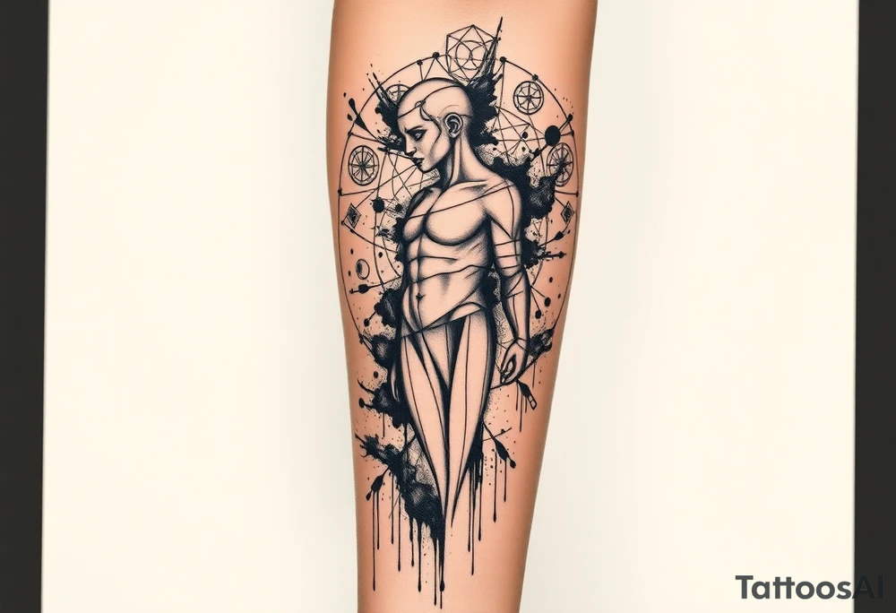 Vertical forearm tattoo design, tall and narrow composition fitting the shape of the forearm, dark surrealism and mythological symbolism. Fragmented human statue or abstract humanoid shape, partially dissolving into black ink splashes, smoke, and geometric lines. Surrounded by sacred geometry circles, occult and alchemical symbols, surreal dripping eyes, fine composition lines, and abstract fragments. Fine line tattoo style mixed with etching and engraving texture, high contrast, clean outlines, minimal background. Designed for forearm placement and easy extension into a full sleeve. No bodybuilding aesthetic, no fitness-style anatomy, focus on surreal atmosphere, mysterious symbolism, and artistic detail. tattoo idea