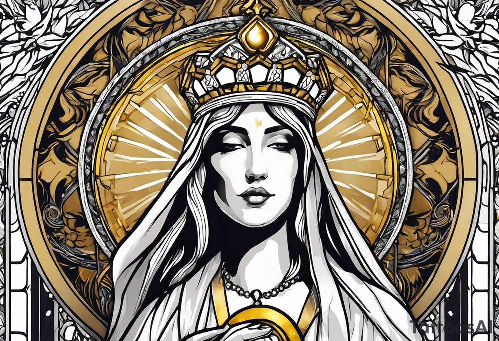 holy saint woman turned away with golden halo holding a chalice tattoo idea