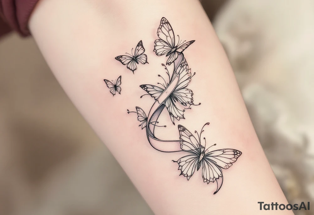 Barborka wrapped in a flowing ribbon, with soft pastel butterflies fluttering around. tattoo idea