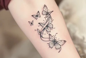 Barborka wrapped in a flowing ribbon, with soft pastel butterflies fluttering around. tattoo idea