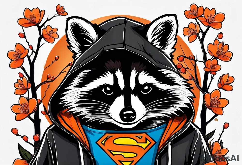Raccoon wearing a white Superman logo on a black hoodie and orange Japanese cherry blossoms beside tattoo idea