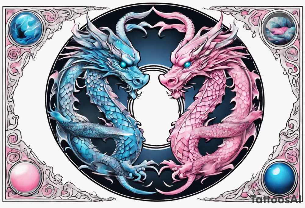 ying yang two dragon stones blue & pink tattoo idea