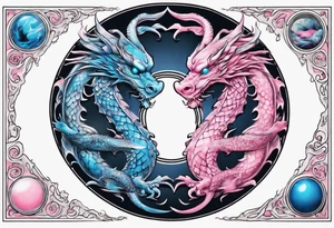 ying yang two dragon stones blue & pink tattoo idea