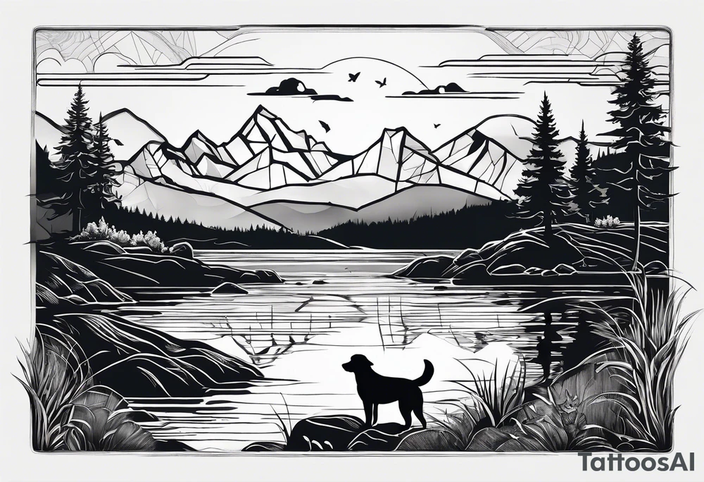 nature, sunset, mountains, a father and son hiking with their dog and cat by the water tattoo idea