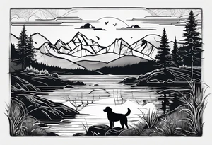 nature, sunset, mountains, a father and son hiking with their dog and cat by the water tattoo idea
