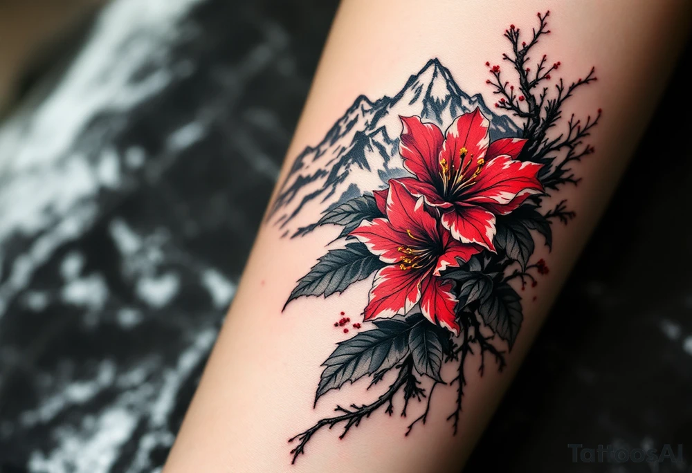 red  and black rhododendron trippy with Himalayas behind tattoo idea