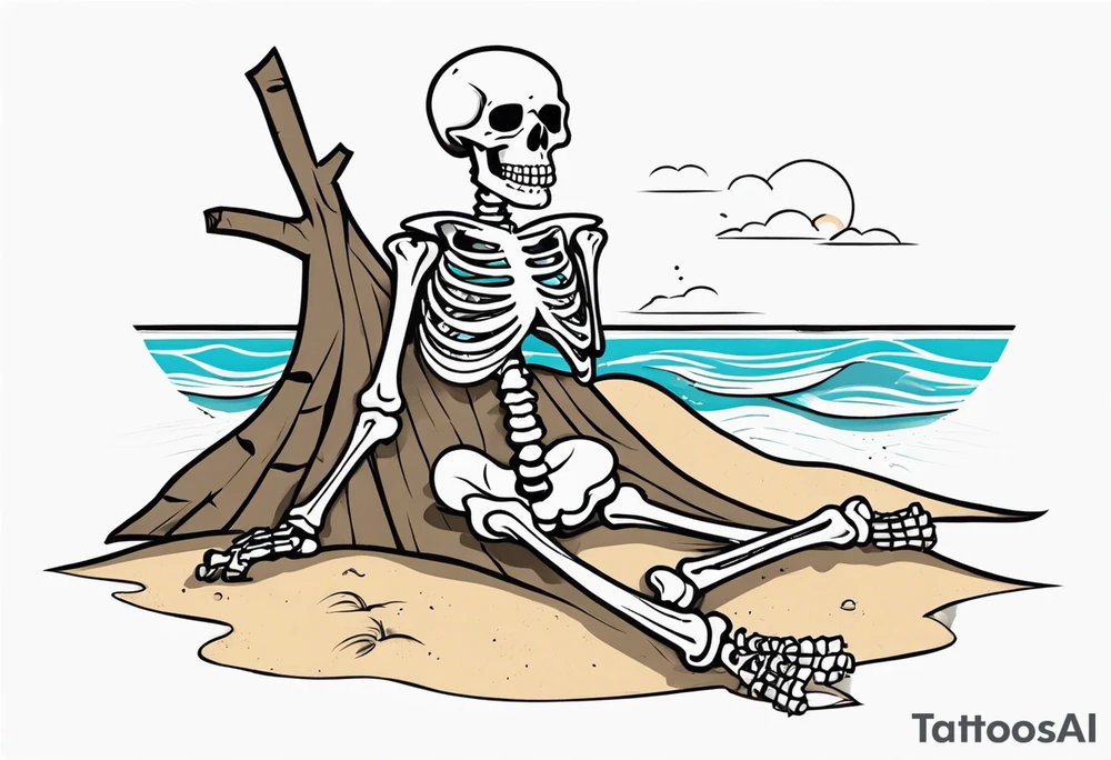 skeleton wearing a button up hawaiian shirt relaxing on the beach tattoo idea