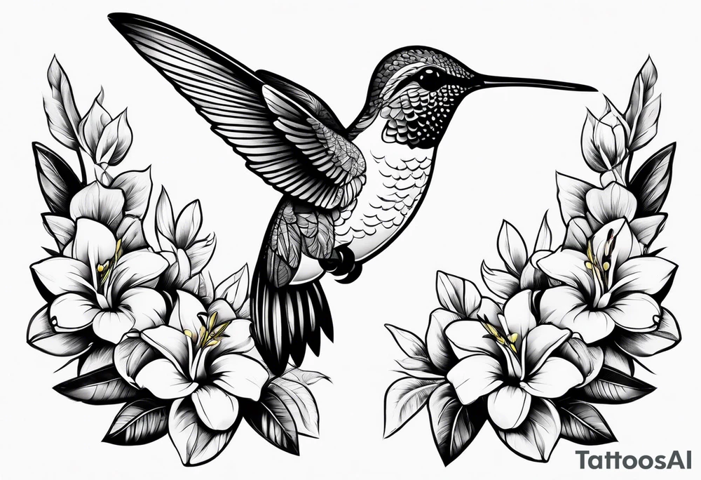 Hummingbird with a plumeria masculine style colorful tattoo idea