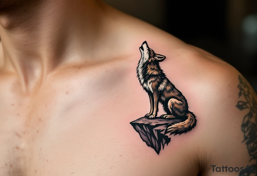 A stylized coyote in sand and charcoal tones, standing on a cliff edge howling at dusk. tattoo idea