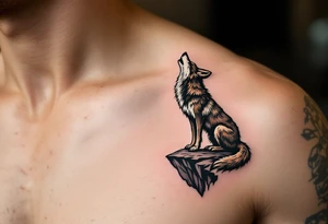 A stylized coyote in sand and charcoal tones, standing on a cliff edge howling at dusk. tattoo idea