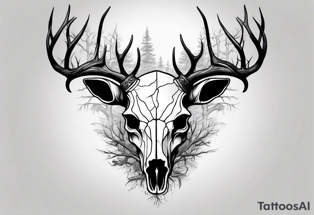 A side view of decayed deer skull surrounded by trees and fire tattoo idea
