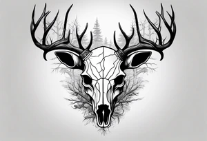 A side view of decayed deer skull surrounded by trees and fire tattoo idea