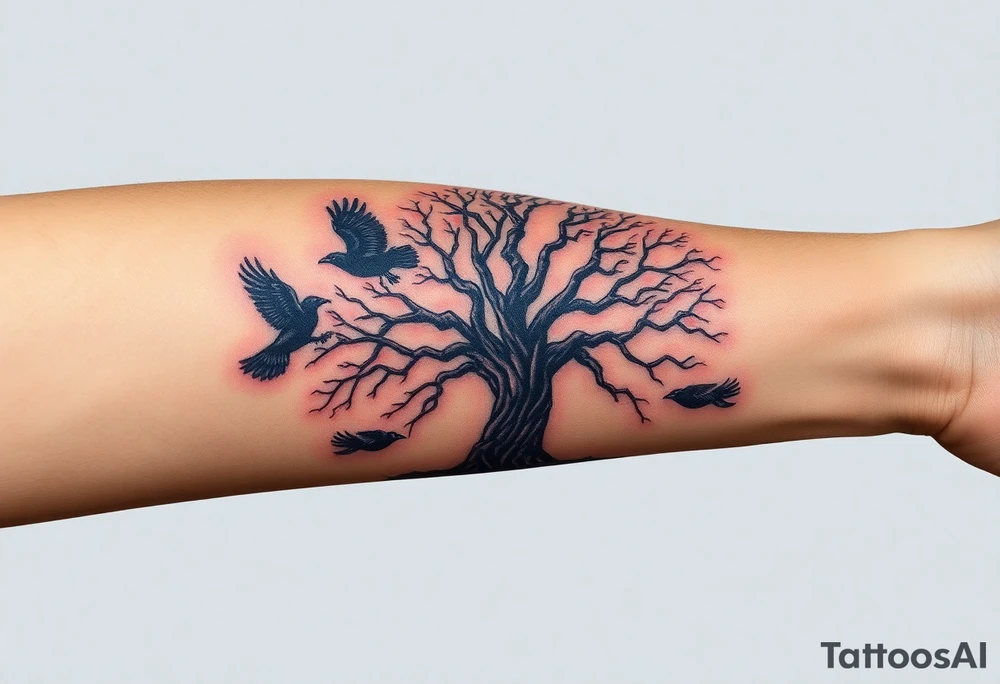 The Tree of Life, color infused, full forearm, ravens flying around it, tattoo idea