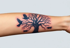 The Tree of Life, color infused, full forearm, ravens flying around it, tattoo idea