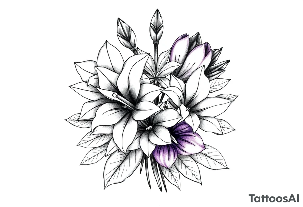flower bouquet that has daffodil, violet and narcisuss tattoo idea