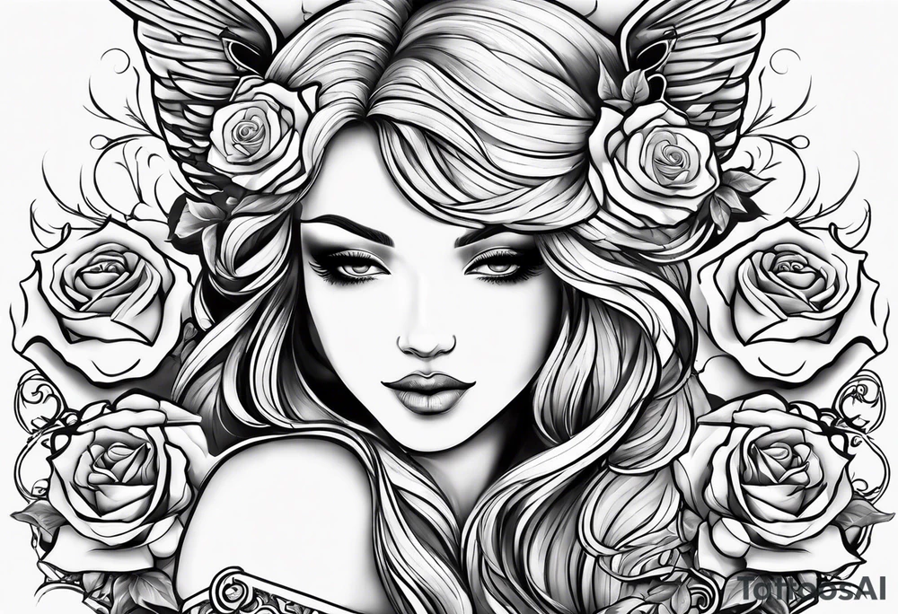 Angel, roses, name MARTINA tattoo idea