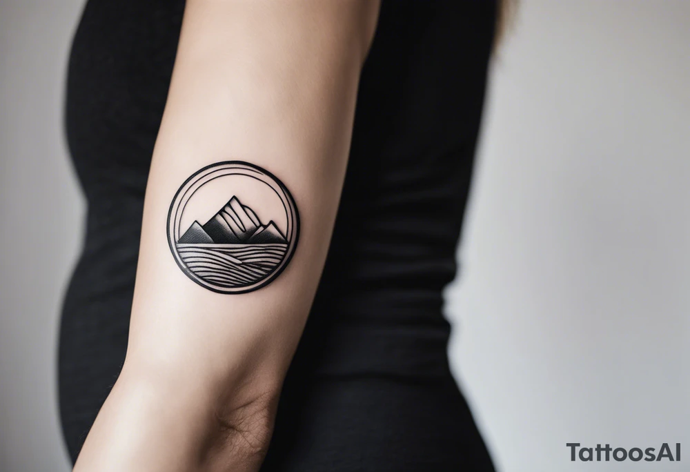 A minimalist black-and-white tattoo design, intended to be placed just above the inner elbow. The design features a thin, open circle symbolizing a cycle or new beginning. Inside the circle is a small, stylized mountain silhouette, simple and clean, representing stability and growth. From the base of the mountain, a fine, gently wavy line resembling a lifeline extends outward from the circle, symbolizing life’s journey with its ups and downs. The style is delicate and refined, with clean, thin lines for a subtle yet powerful symbol. tattoo idea