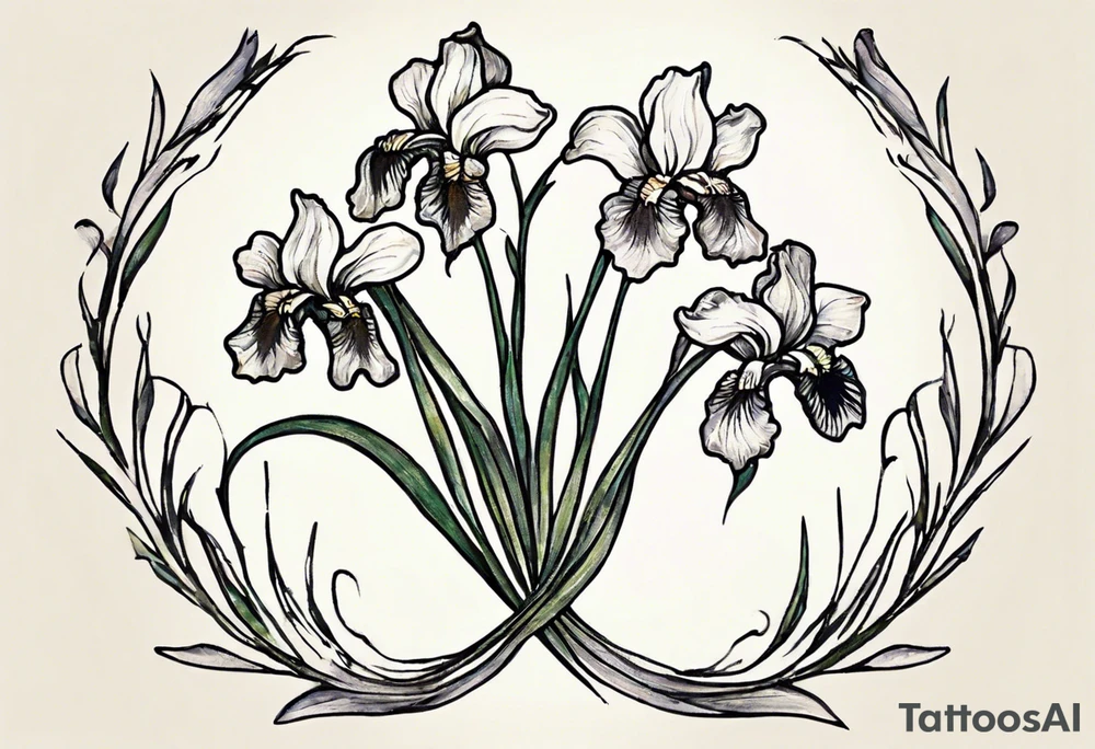 Create a small Vincent van Gogh Irises tattoo. The tattoo should take the form of a crescent, with vines gracefully intertwining at a central point in the middle of the wreath with a bird. The intended placement is on the upper chest. The overall design should be small in size while maintaining a delicate and artistic aesthetic. Pay attention to the graceful flow of the vines and the placement of the irises to achieve a refined and elegant look. tattoo idea