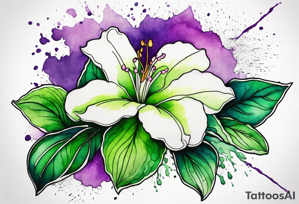 An outline of an only green rio dipladenia flower and a green and purple watercolor splash in the background tattoo idea