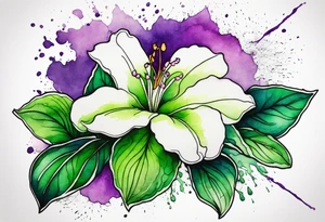An outline of an only green rio dipladenia flower and a green and purple watercolor splash in the background tattoo idea