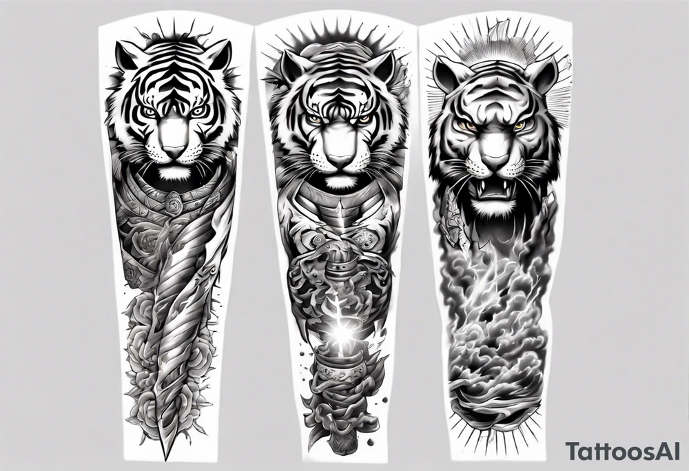Tiger Warrior sleeve tattoo with lightning and the sun
Forearm sleeve tattoo idea