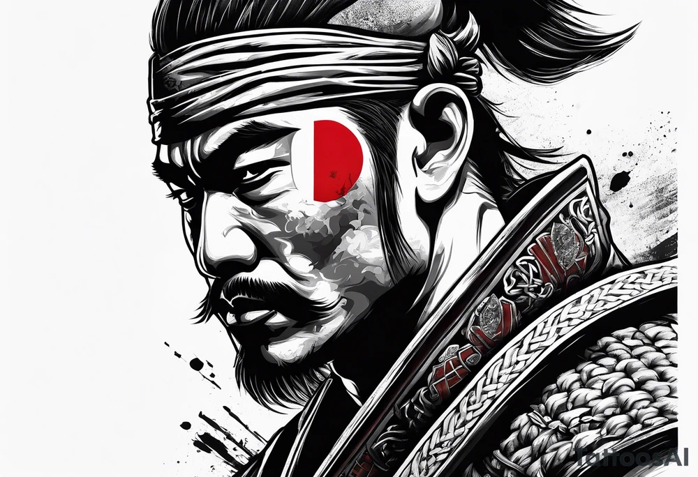 Bushido warrior with 7 rules writen characters, with albanian flag themed tattoo idea