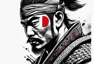 Bushido warrior with 7 rules writen characters, with albanian flag themed tattoo idea