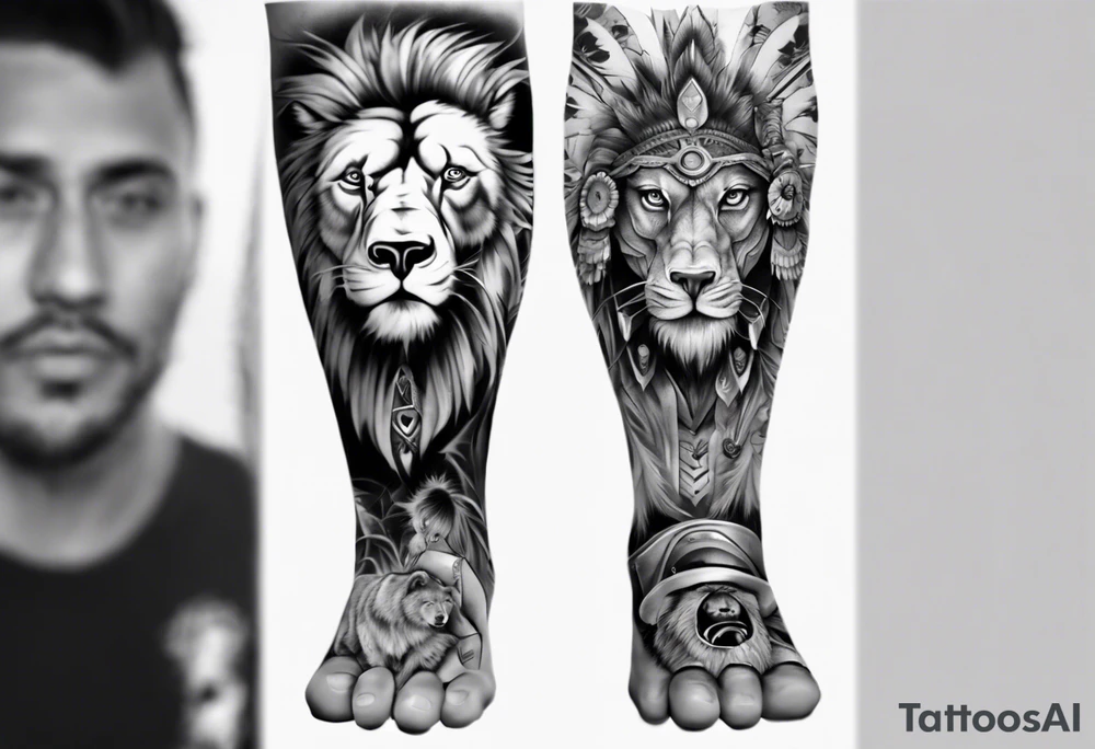 indian realistic leg sleeve, with both indian humans and a bear and maybe a lion more evil tattoo idea