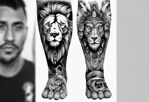 indian realistic leg sleeve, with both indian humans and a bear and maybe a lion more evil tattoo idea