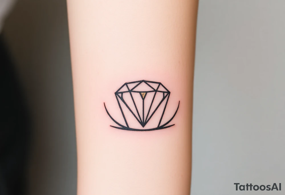 A single, large diamond centered within a sleek, minimalist crown, outlined in fine black ink with a subtle gold shadow to add depth. tattoo idea