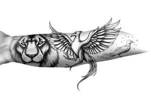 Lion face-on at forearm. phoenix face-on spreading wings evenly and rising from ashes into night sky and Leo zodiac tattoo idea