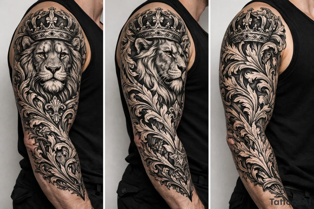 majestic lion wearing ornate crown, surrounded by baroque flourishes tattoo idea