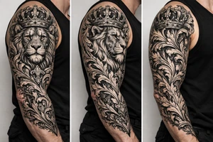 majestic lion wearing ornate crown, surrounded by baroque flourishes tattoo idea