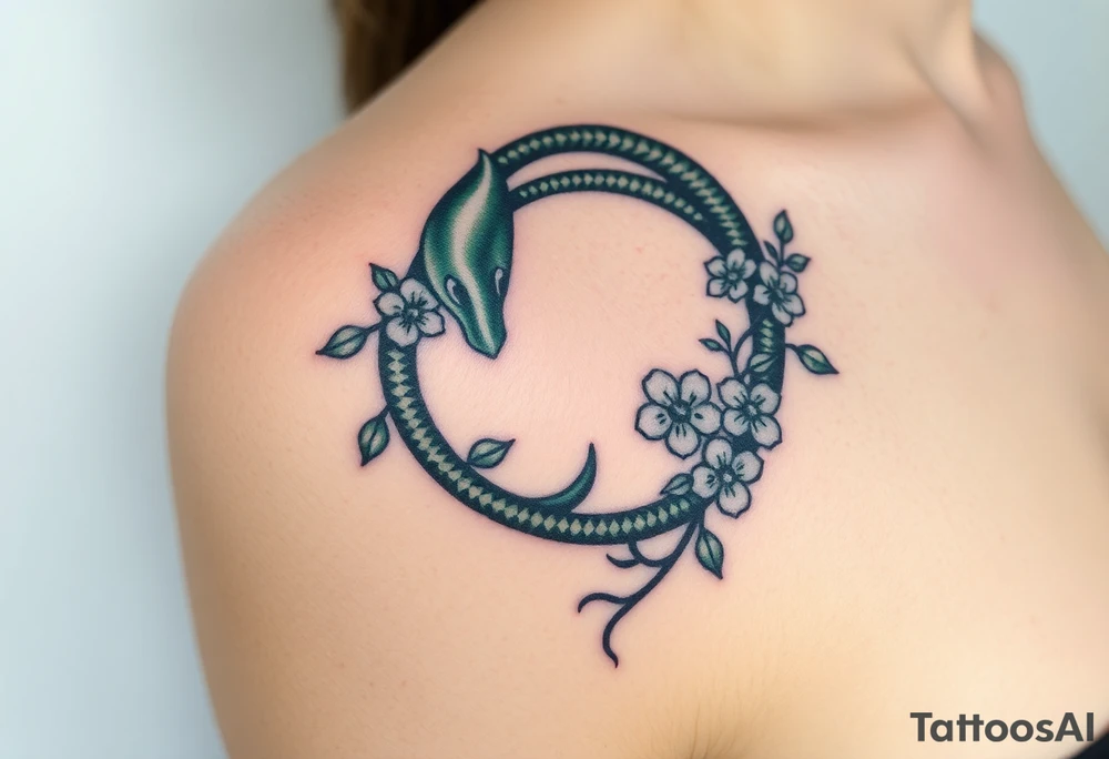 A dark green Ouroboros snake forming cyrcle intertwined with vines and blooming flowers, symbolizing the cycle of life and growth. tattoo idea