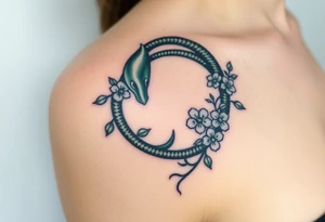 A dark green Ouroboros snake forming cyrcle intertwined with vines and blooming flowers, symbolizing the cycle of life and growth. tattoo idea