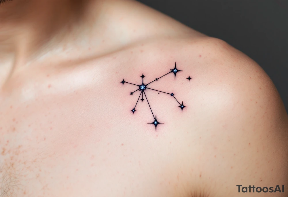 A minimalist Sagittarius figure tattoo, with thin, fine lines connecting the bright stars. The stars are dotted with a subtle blue glow. The tattoo can have a faint purple watercolor wash around the lines to give it a celestial vibe, with the stars representing the Sagittarian quest for wisdom and truth. tattoo idea