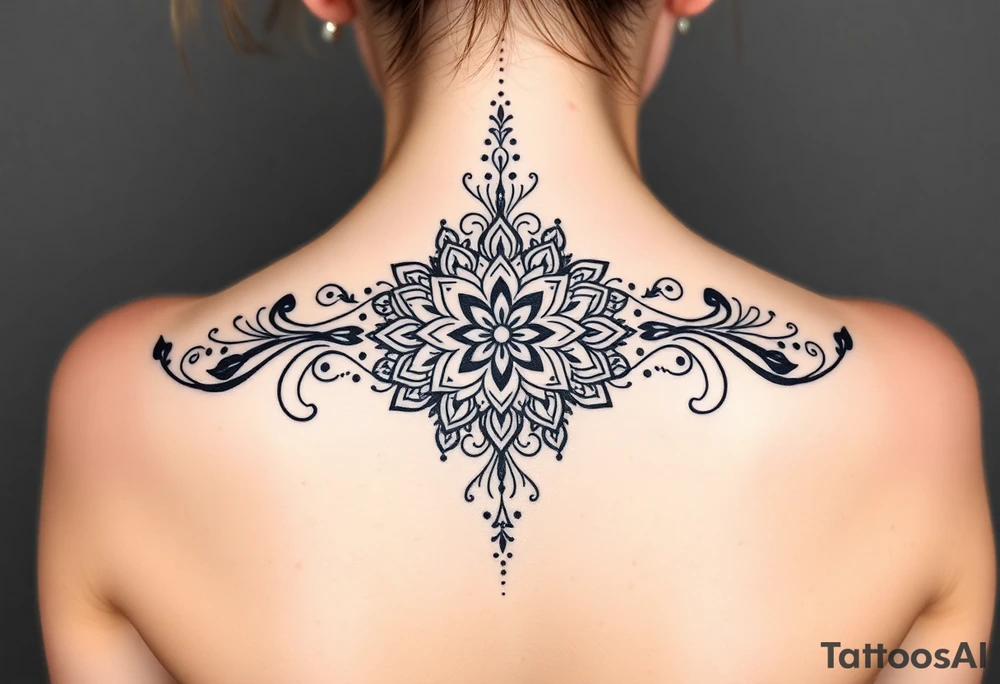 spine tattoo design with symmetrical ornamental patterns, combining dotwork, mandala elements, and flowing lines that follow the natural curves of the body with tribal-inspired lower back tattoo with sweeping symmetrical curves, bold linework, and soft floral accents, creating a feminine yet powerful aesthetic. The design is intricate and balanced. tattoo idea