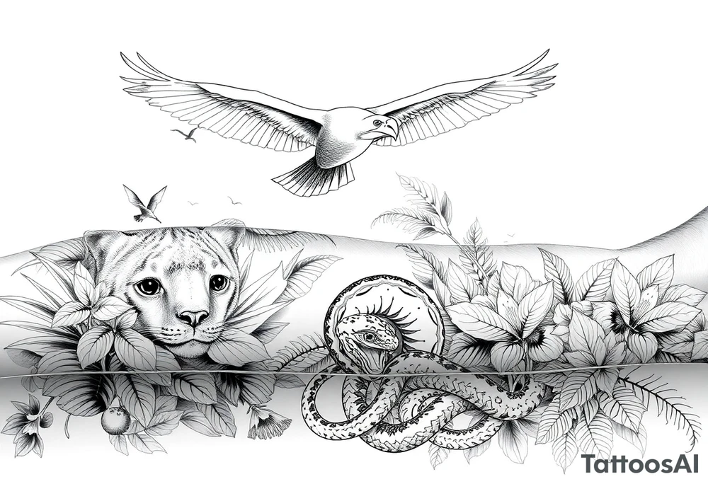 Fine line tattoo: Andean condor flying above Amazon rainforest, amongst the tropical foliage is a puma hiding with only its face exposed, towards the floor of the rainforest is a snake, also mostly hidden behind plants but its head and parts of its body are exposed. tattoo idea