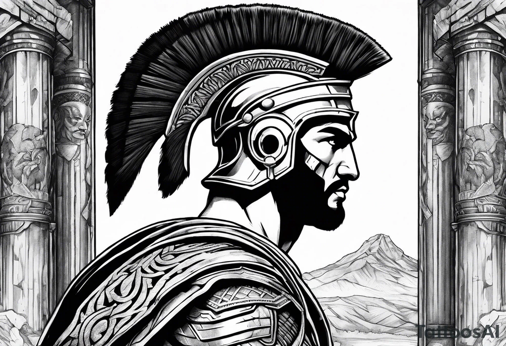 Side profile of spartan soilder with ancient pillars in background tattoo idea