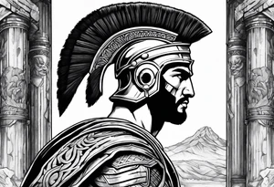 Side profile of spartan soilder with ancient pillars in background tattoo idea