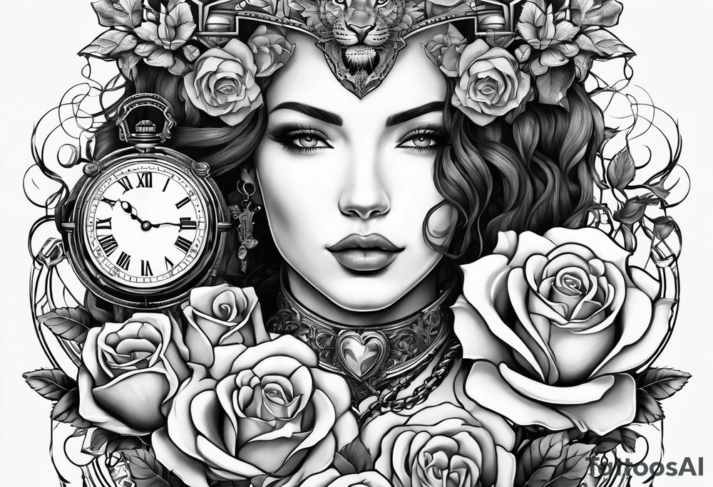 Women holding a mechanical heart roses, time watch, lion, strength tattoo idea