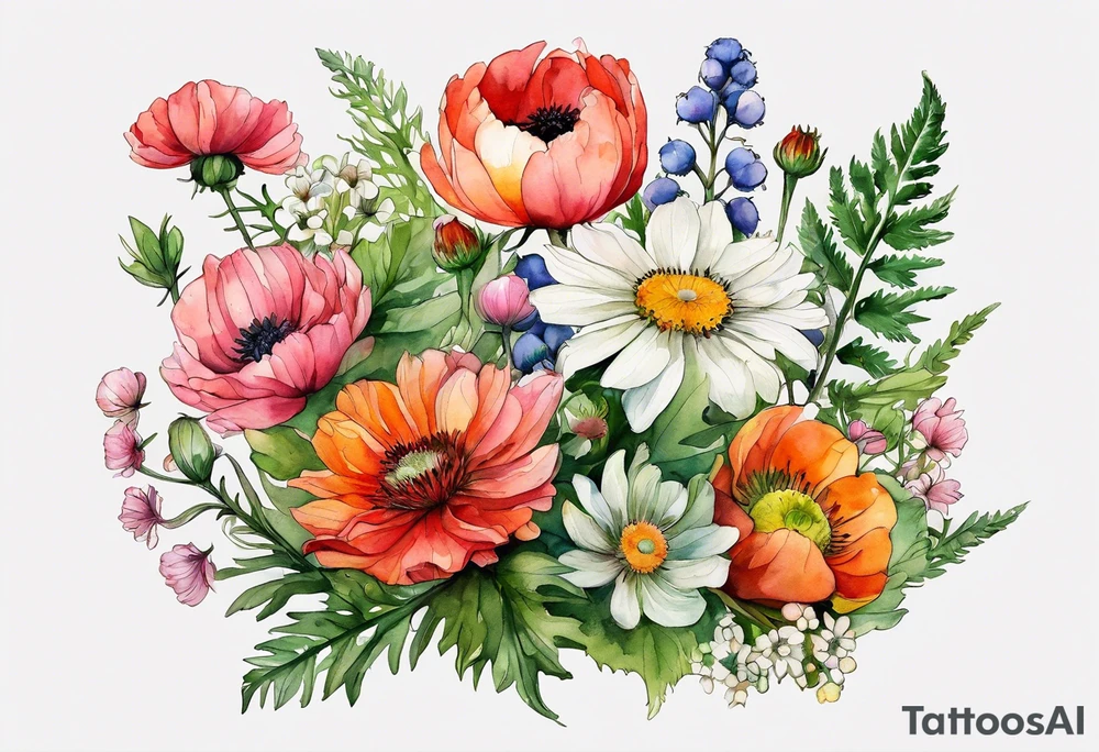 simple wildflowers with thistles, ferns, ranuculus, white anemones, sun flowers, red flowers, pink flowers, green flowers, buttercups, orange flowers, babys breath and daisies all in watercolor tattoo idea