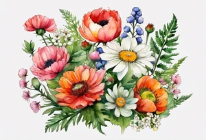 simple wildflowers with thistles, ferns, ranuculus, white anemones, sun flowers, red flowers, pink flowers, green flowers, buttercups, orange flowers, babys breath and daisies all in watercolor tattoo idea