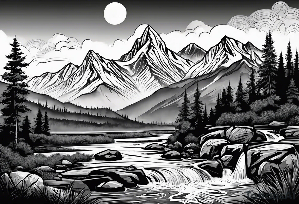 Mountain scene with a river with a subtle peace sign. Use IT IS WELL written in the scene tattoo idea