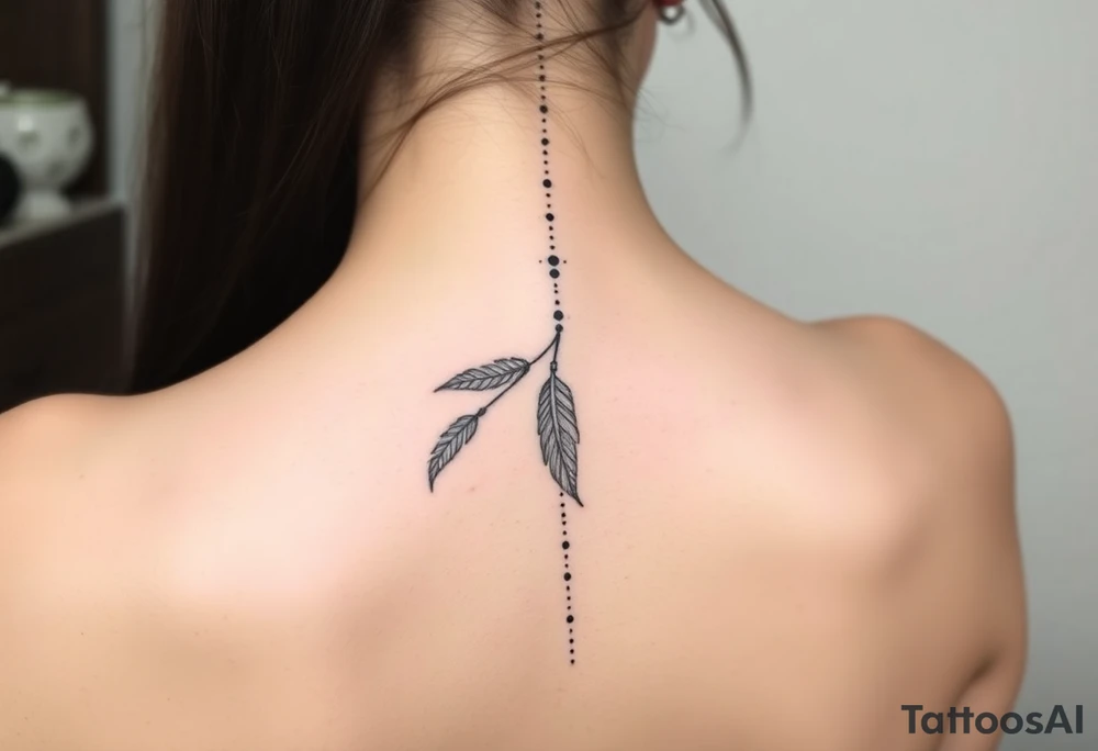 Thin spinal tattoo following down the spine in a native style with multiple different lengths flowing lines made of a discreet connection of morse code ".--- .- --.     .-.. ... -.- .- .-.   -.. .. --.     .-.. .. .-.. .-.. . -... .-. --- .-. connected to flowing feathers tattoo idea