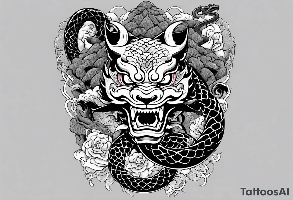 I would like a traditional irezumi half sleeve tattoo with a big snake (hebi)and two hannya masks, i want the one mask laughing and the other crying tattoo idea